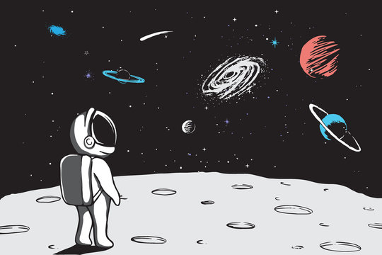 Astronaut looks to universe from planet.Hand drawn vector illustration