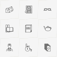 Pensioner line icon set with dice, newspaper and book