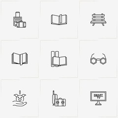 Pensioner line icon set with book, baggage and television