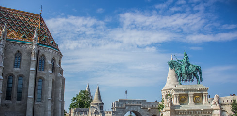 Budapest old city urban medieval concept shoot with monument and cathedral in bastion yard space in...