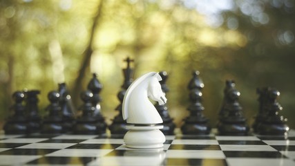 3D Rendering knight staying against full set of chess pieces