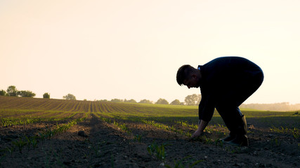 A young farmer in a blue robe walks the field looking at planted plants. Concept: clean air, bio, agriculture.