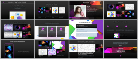 Minimal presentations, portfolio templates with vibrant geometric backgrounds made simple shapes in hipster style. Presentation slides for flyer, leaflet, brochure, report, marketing, advertising.
