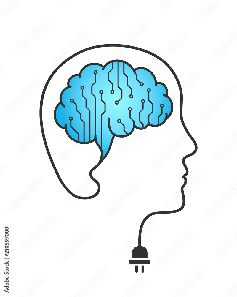 Poster ai - artificial intelligence concept. circuit board and wired brain as robot and technology metaphor