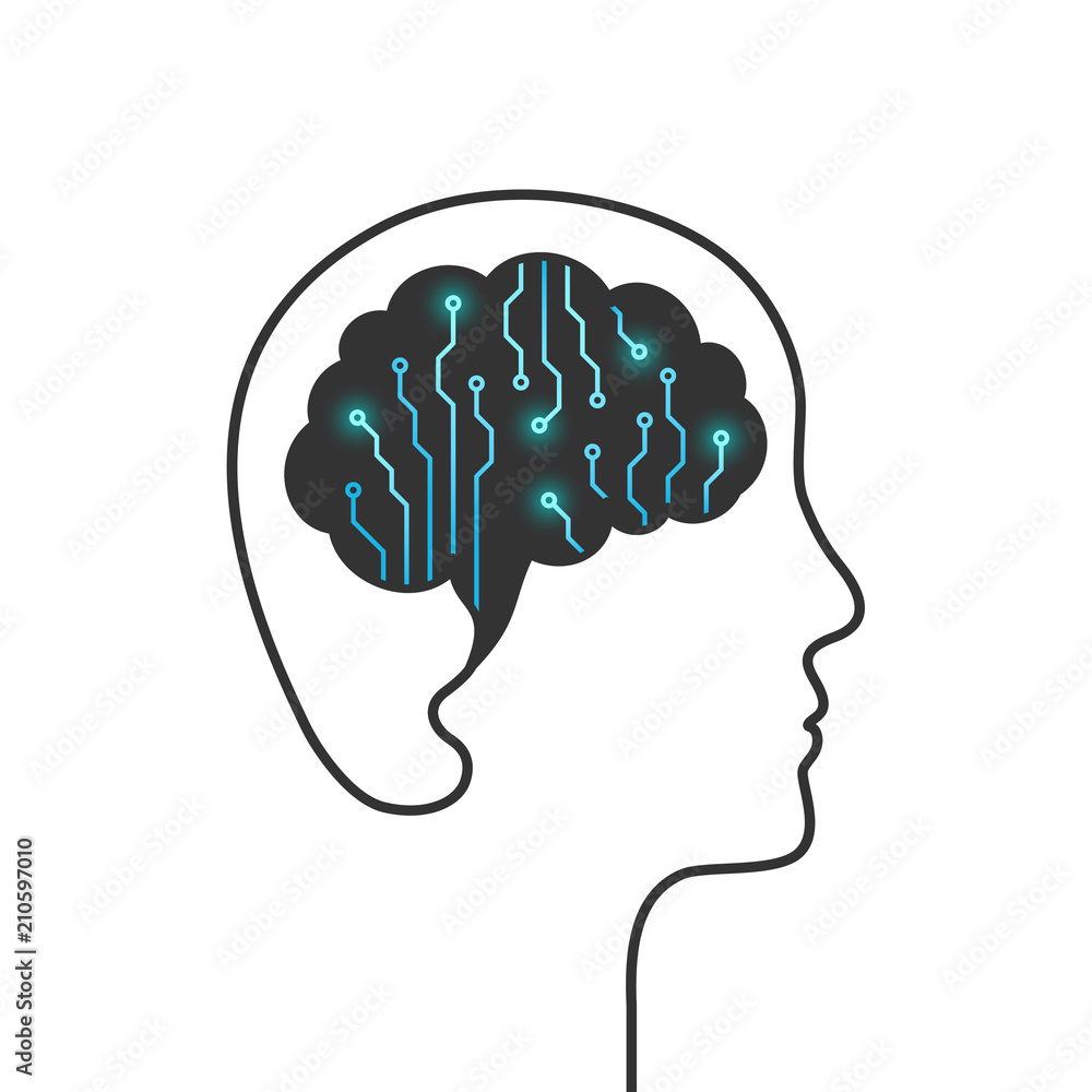 Poster brain and circuit board as artificial intelligence concept. glowing circuits as robotics science and