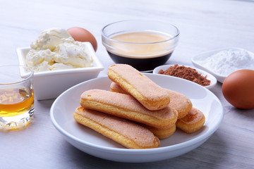 ingredient for homemade tiramisu cake in close up.