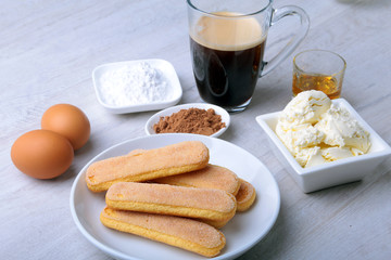 ingredient for homemade tiramisu cake in close up.