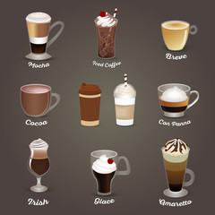 Coffee set. Mocha, iced coffee, breve, cocoa, con panna, irish, glace, amaretto. Cafe menu. Vector illustration