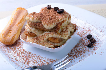 Piece of appetizing homemade tiramisu cake on plate in close up.