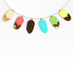 Template poster design with set of paper ice cream with different confectionery and sauces. Summer sweets in modern paper art style