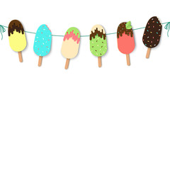 Template poster design with garland of paper ice cream with different confectionery and sauces. Summer sweets in modern paper art style, vivid colors.