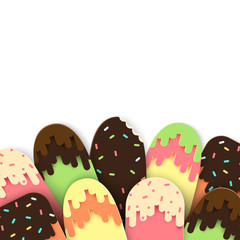 Template poster design with set of paper ice cream with different confectionery and sauces. Summer sweets in modern paper art style, pastel colors. Isolated on white