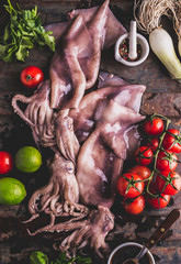 Fresh raw seafood squid calamary and ingredients on dark background. Top view