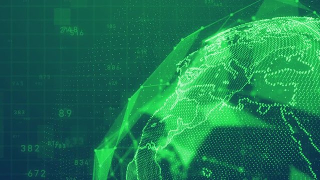 planet earth rotating animation future technology business concept with plexus network and code running