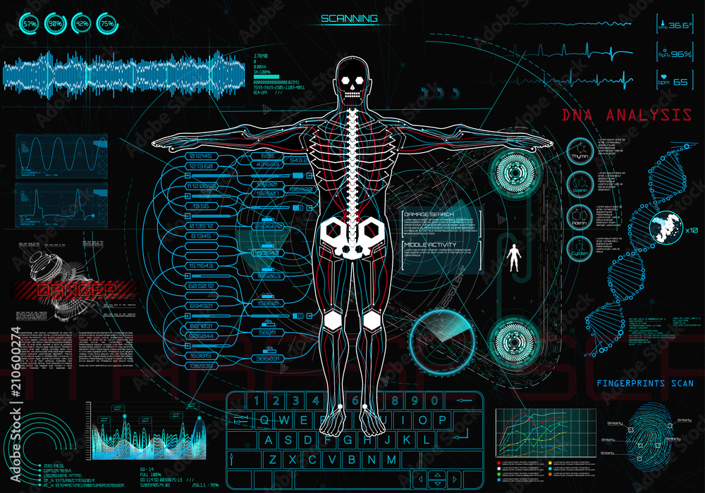 Poster Scanning Cyborg in Concept Hud Ui. Human-Robot Interaction With the Network, Analysis and Troubleshooting in HUD Style. GUI Sci UI Interface. Concept of Robot, Cyborg or Artificial Intelligence (ai)