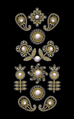 Textile embroidered patches with sequins, beads and pearls. Vector illustration.
