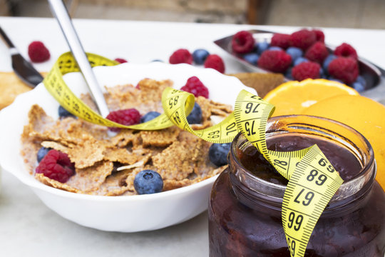 tape measure with healthy breakfast, diet concept