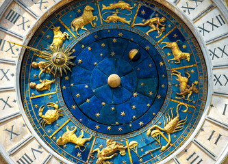 Ancient clock Torre dell'Orologio with Zodiac and astrology signs, Venice, Italy