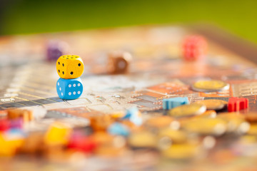 Close up: dices at the table with Board game.