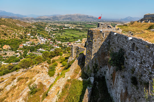 Albanian red flag and Ruins of Rozafa Castle, Shkoder, Albania.