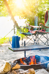 Campground Scene Abstract with Campfire, Grill, Coffee Pot and Chairs