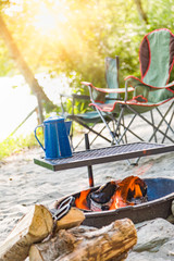 Campground Scene Abstract with Campfire, Grill, Coffee Pot and Chairs