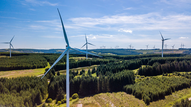 Aerial Drone View Of A Huge Wind Farm At Pen Y Cymoedd In South Wales, UK