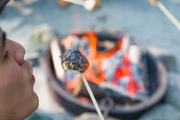 Young Adult Male Blowing Out Burning Marshmallow At Outdoor Campfire