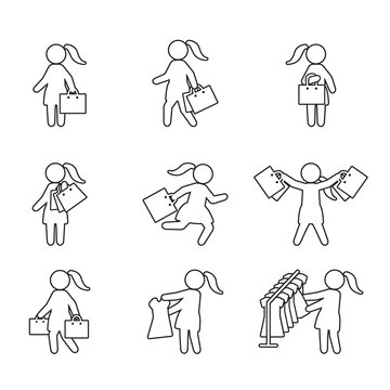 Woman with shopping bags and shopping thin line icon set. Vector icons.