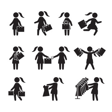 Woman with shopping bags and shopping icon set. Vector icons.