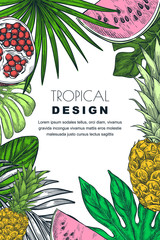 Poster, banner or greeting card frame with tropical palm leaves, pineapple, watermelon. Vector sketch illustration