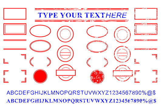 Grunge style letters and numbers red rubber stamp set. Frame