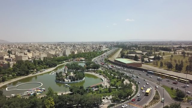 Aerial drone view of the roads near the  Azadi tower in Tehran.  Iran 2018, may. A monument located at Azadi Square. 