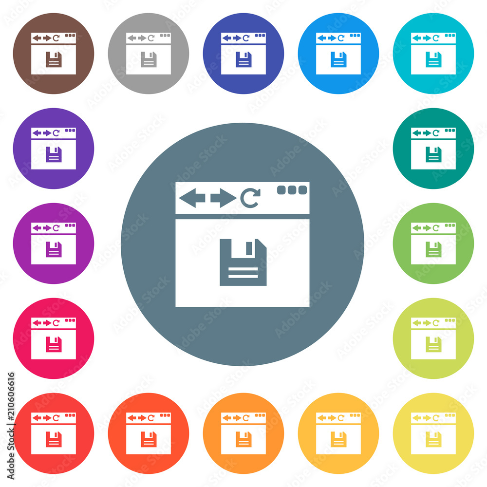 Poster browser save flat white icons on round color backgrounds