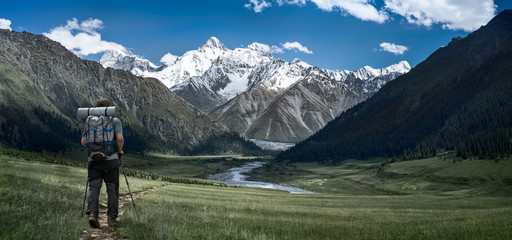 Man is trekking near snow mountain