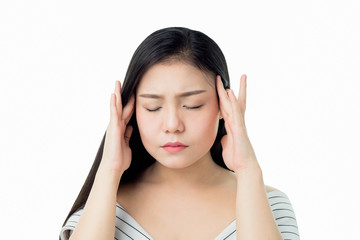 The woman is touching her head to show her headache. Causes may be caused by stress or migraine.