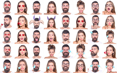 Different face expressions. Collage of different emotions. Series of portraits of pretty woman and bearded man. Emotion set. Feeling and emotions. Human emotions, facial expression concept. Isolated.