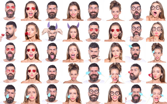 Different face expressions. Collage of different emotions. Series of portraits of pretty woman and bearded man. Emotion set. Feeling and emotions. Human emotions, facial expression concept. Isolated.