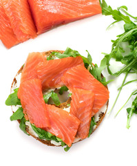 top view of bagel sandwich with salmon