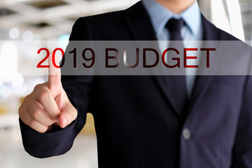 Businessman hand 2019 budget over blur background, sucess in business concept