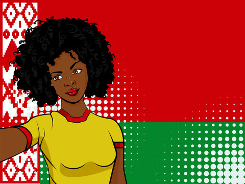 african american girl makes selfie in front of national flag Belarus in pop art style illustration. Element of sport fan illustration for mobile and web apps