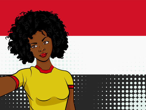 african american girl makes selfie in front of national flag Egypt in pop art style illustration. Element of sport fan illustration for mobile and web apps