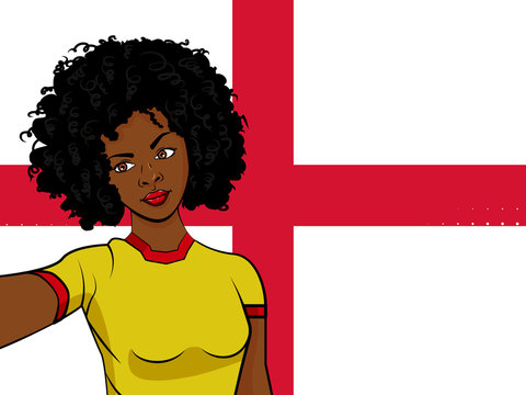 african american girl makes selfie in front of national flag England in pop art style illustration. Element of sport fan illustration for mobile and web apps