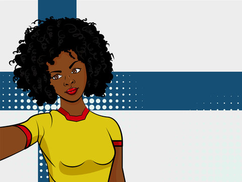 african american girl makes selfie in front of national flag Finland in pop art style illustration. Element of sport fan illustration for mobile and web apps