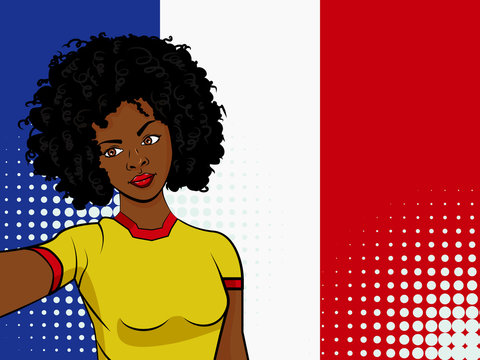 african american girl makes selfie in front of national flag France in pop art style illustration. Element of sport fan illustration for mobile and web apps