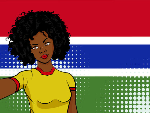 african american girl makes selfie in front of national flag Gambia in pop art style illustration. Element of sport fan illustration for mobile and web apps
