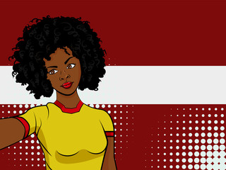 african american girl makes selfie in front of national flag Latvia in pop art style illustration. Element of sport fan illustration for mobile and web apps