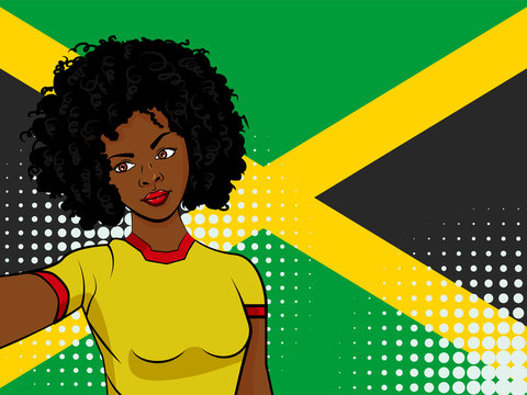 african american girl makes selfie in front of national flag Jamaica in pop art style illustration. Element of sport fan illustration for mobile and web apps