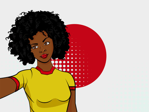 african american girl makes selfie in front of national flag Japan in pop art style illustration. Element of sport fan illustration for mobile and web apps