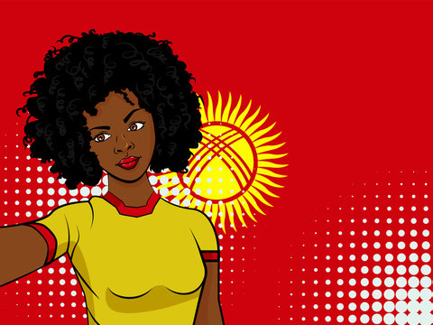 african american girl makes selfie in front of national flag Kyrgyzstan in pop art style illustration. Element of sport fan illustration for mobile and web apps
